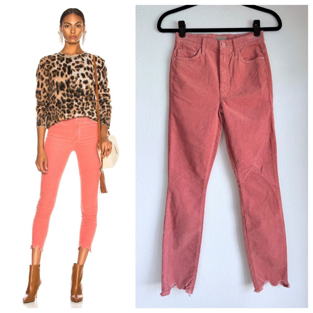 NWT MOTHER Denim High Waisted Looker Ankle Chew in Hopscotch Pink Corduroy Sz 24